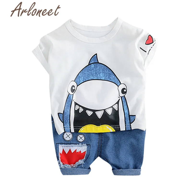

ARLONEET Clothes baby boys cartoon T shirt shark Denim shorts funny kids top beach shirt for boys 2pcs 2019 Summer boy Outfits