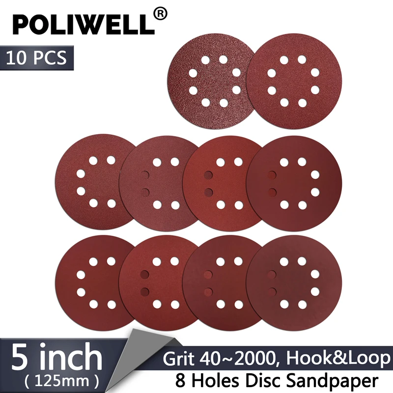 

POLIWELL 10Pcs 5 Inch 125mm 8 Holes Disc Sandpaper 40~2000 Grit Aluminum Oxide Hook & Loop Festool Sanding Discs Abrasives Tools