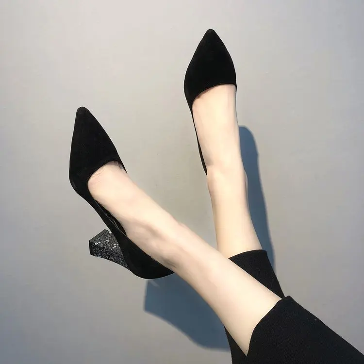 

2019 spring new wild pointed suede high heels female sequins thick with single shoes