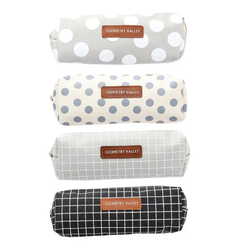 

Creative Zipper Round Dot Checked Pen Bag Cloth Pencil Case With Geometrical Figure Students School Stationary Pen Bag