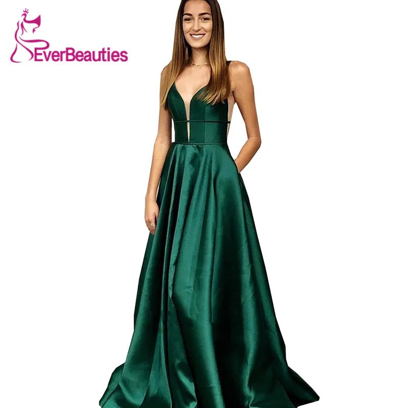

Simple V-Neck Evening Dresses Long 2019 A-Line Sleeveless Satin Formal Dress with Pockets Robe De Soiree