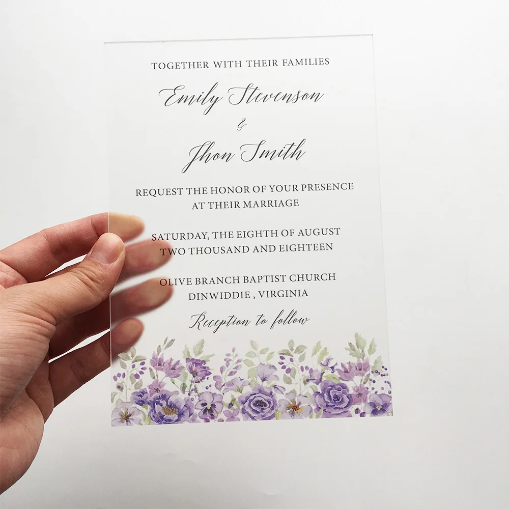  50 Pieces Per Lot Purple Floral Watercolor Style 5x7inch Frosted Acrylic Wedding Invitation Card - 32871231929