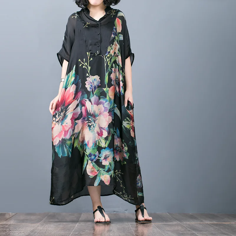 

Women Retro Floral Print Dress bat Sleeve Stand Collar Dresses Plus Size Dress Female Loose Dress 2019