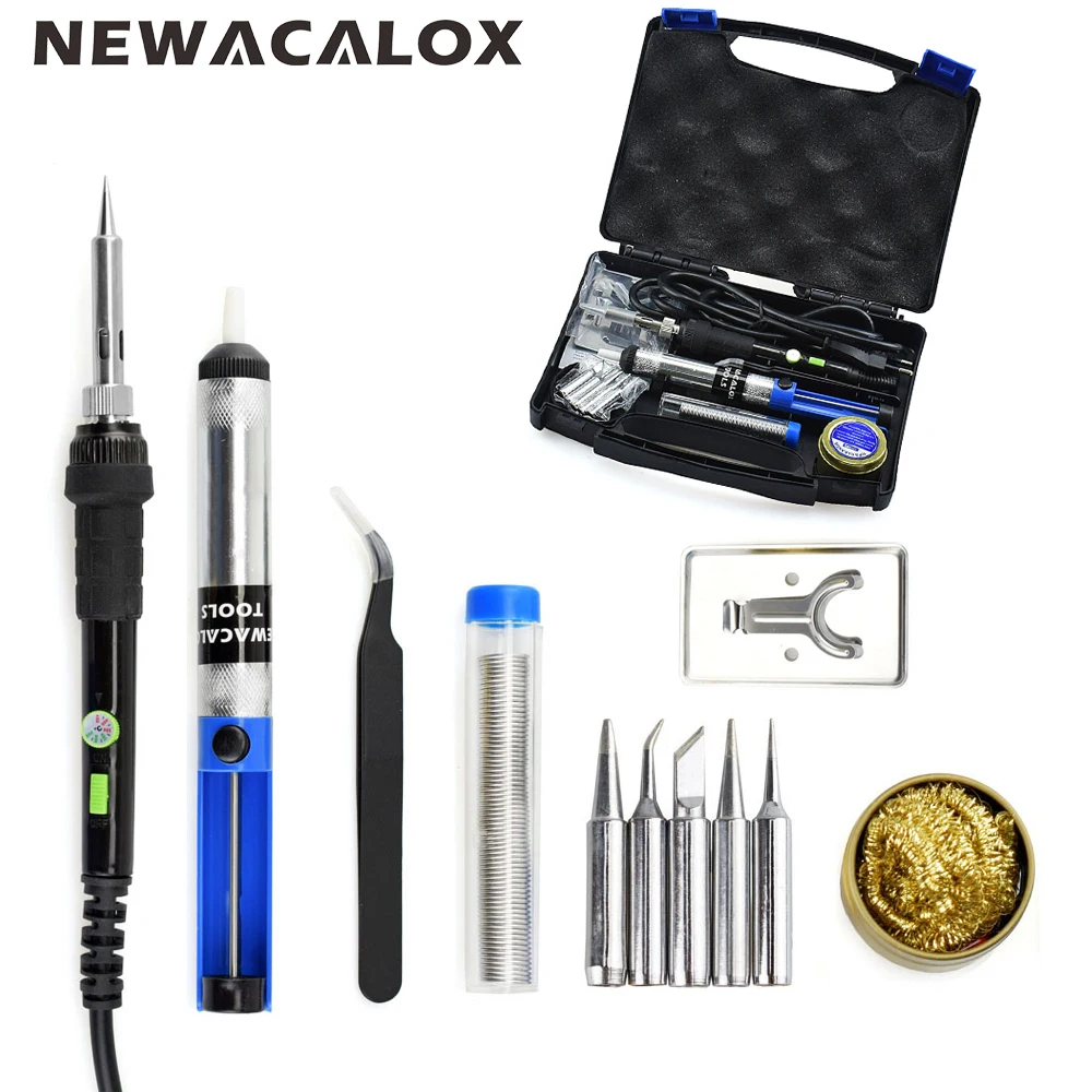 

NEWACALOX EU 220V 60W Black Adjustable Temp Soldering Iron Kit with Power Switch Rework Welding Station Tool Set Rosin Toolbox