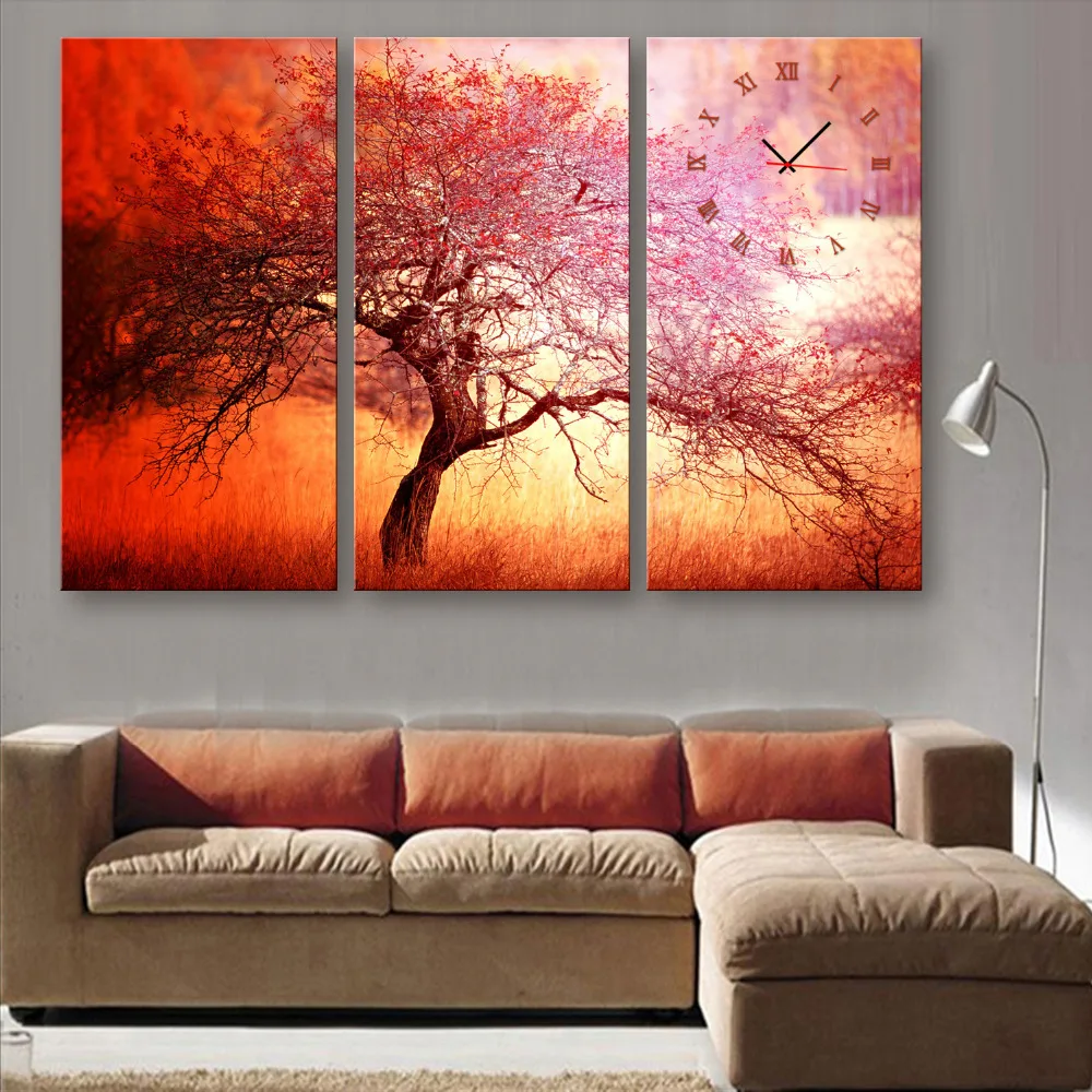 

Free Shipping E-HOME Red Tree Clock in Canvas 3pcs wall clock