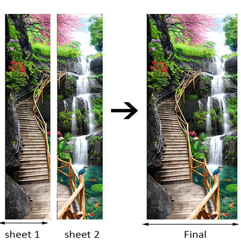 2 шт./компл. самоклеющиеся наклейки дверь Стикеры 3D водопад пейзаж росписи обои Гостиная Обеденная домашний Декор ПВХ Стикеры s
