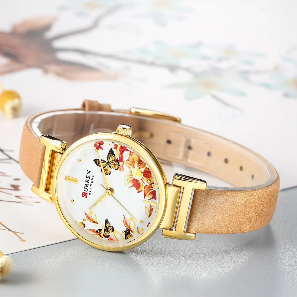 CURREN кожаные женские часы летние новые кварцевые женские наручные часы Relojes женские часы модные с цветочным циферблатом Reloj Mujer