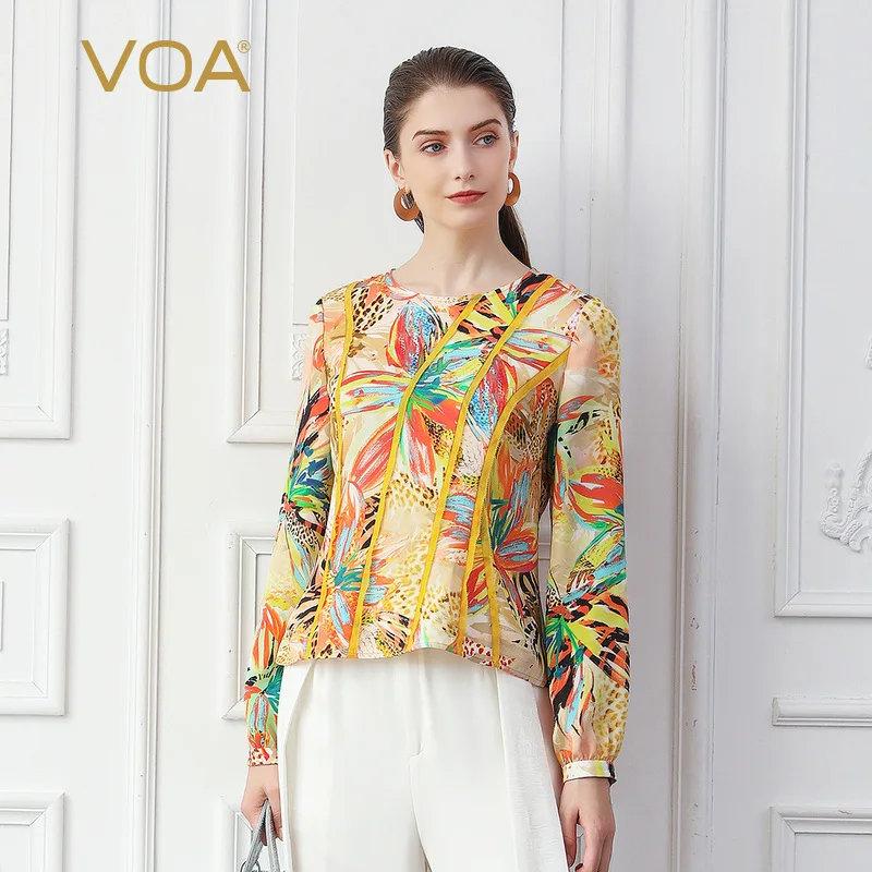 VOA Boho футболка с цветочным принтом 100% шелк женские топы оранжевого цвета Harajuku