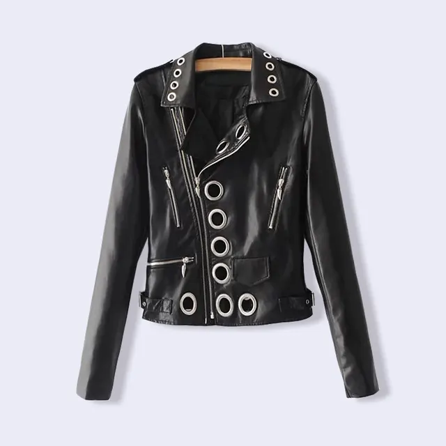 Big Metal Circle Leather Jacket Women Pocket Punk metal Black Faux