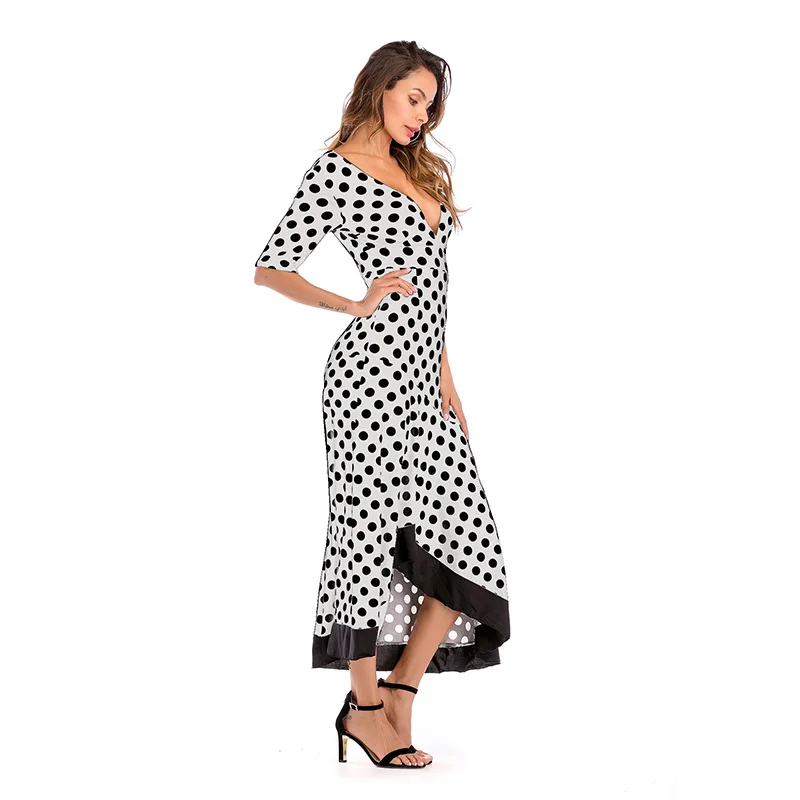 

2018 Fashion Dresses Women sexy v neck half sleeve split long robe Summer Casual backless ruffle polka dot long dress plus size