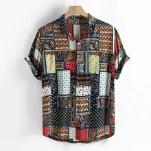 Camisa vintage para hombre, 2020, informal, ajustada, con estampado de moda étnica, suelta, manga corta, cuello levantado, camisa informal, camisas para hombre