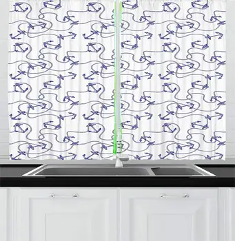 

Anchor Curtains H Drawn Anchors Entangled Ropes Nautical Equipment Artwork Monochrome Window Decor Panel Set Cafe Blue
