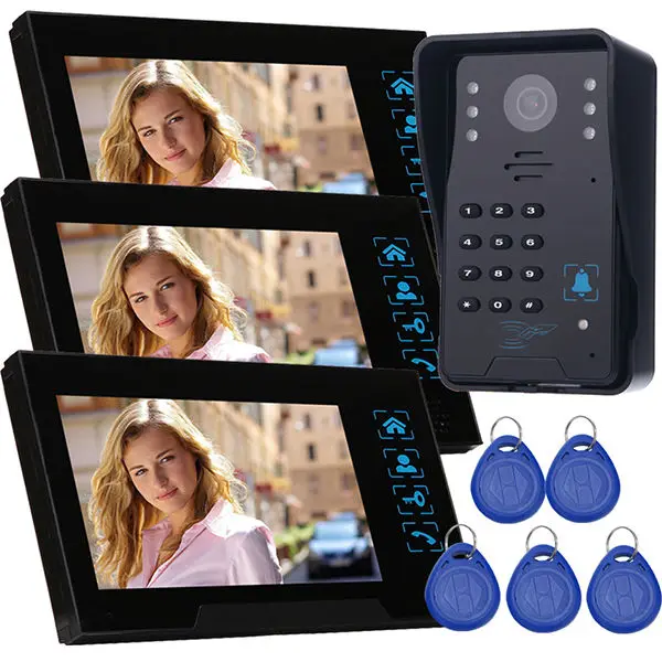 

wired video door intercom Remote control unlock good quantily home security door phone doorbell 3 monitors with IR door camera
