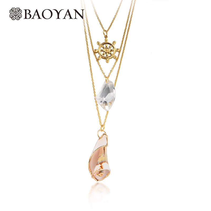 

Baoyan 2019 Fashion Nature Stone Multi layered Necklace Jewelry Woman Gold Color Rudder Pendants Shell Conch Necklace For Women