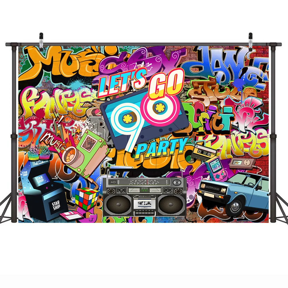 Let's Go 90's Party Backdrop Граффити стена хип хоп 90s винтажный радио музыка 90th