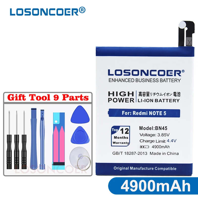 

LOSONCOER 5150mAh BN45 For Xiaomi Redmi Note 5 Battery Note5 Pro High Quality Mobile Phone Battery Free tools Holder Stickers