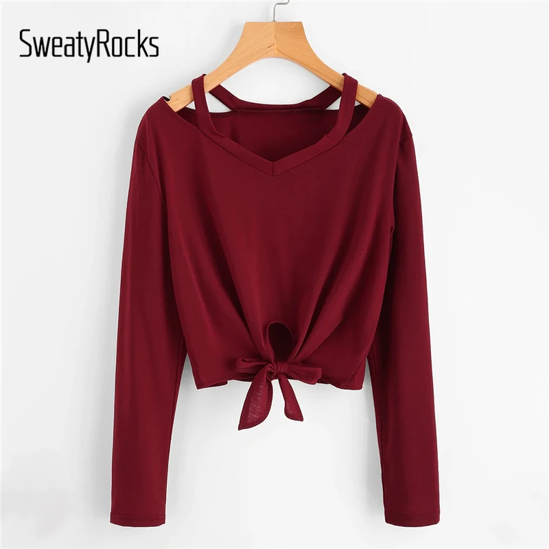 

SweatyRocks Cut Out Neck Knot Front Tee V Neck Burgundy Casual Crop Tops 2019 Spring Streetwear Women Long Sleeve Style T-shirt