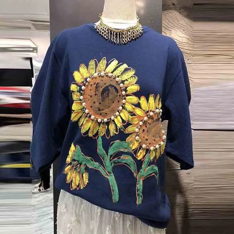 

2019 Korean New Fashion Summer Women's Sunflower Doodle Beaded Short-sleeved Loose T-shirt Student Girls Cotton Shirt Basic Tops