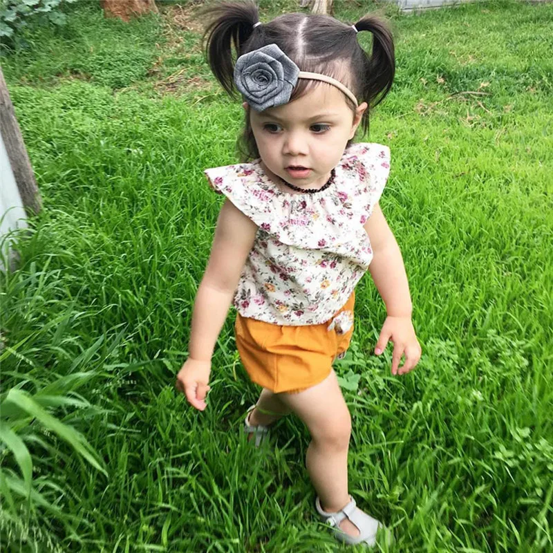 Girls suit summer 2019 new cotton Toddler Kids Girl Floral Sleeveless Tops+Bow Shorts Pants Outfits Clothes Set  (9)