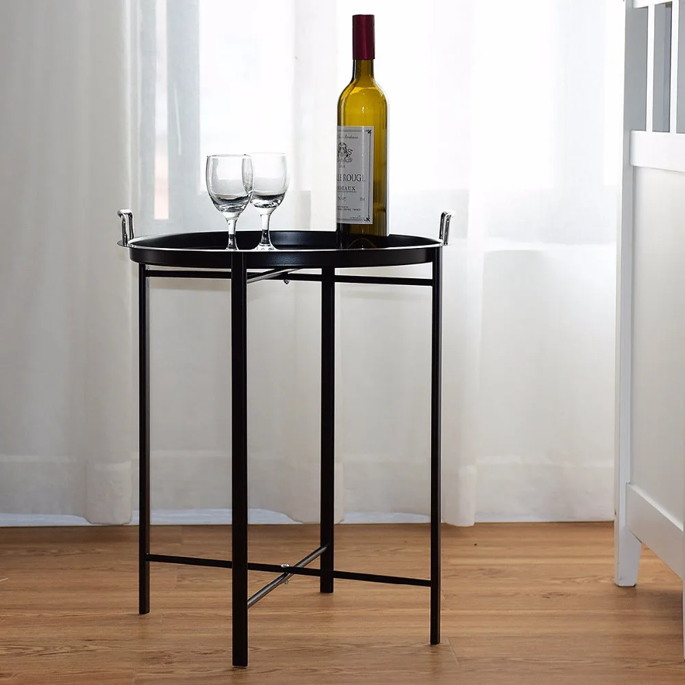 Giantex Metal Tray Table Round End Table Sofa SideTable Living Room Bedroom Black Home Furniture HW58502BK