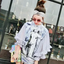 Брендовая футболка для подиума, женская футболка, новинка, кружевная, с расклешенными рукавами, Белая лошадь, с принтом, с кисточками, летняя футболка, женская, с кружевными рукавами, футболка