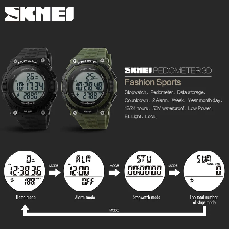 SKMEI Outdoor Sport LED Digital Wristwatches 3D Pedometer Watch for Men Women Chronograph Waterproof Military Army Watches Reloj