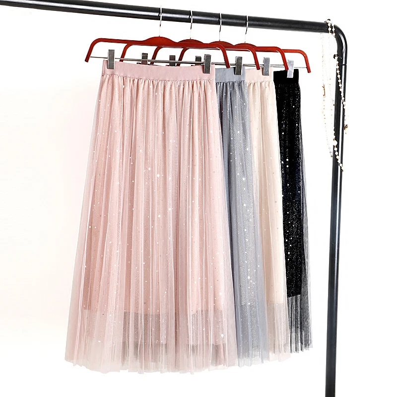 Faldas Mujer Moda 2019 New Summer Fresh Star Sequined Women Mesh Skirts High Waist Slim Long Pleated Skirt for Women Jupe Femme Faldas Mujer Moda 2019 New Summer Fresh Star Sequined Women Mesh Skirts High Waist Slim Long Pleated Skirt for Women Jupe Femme