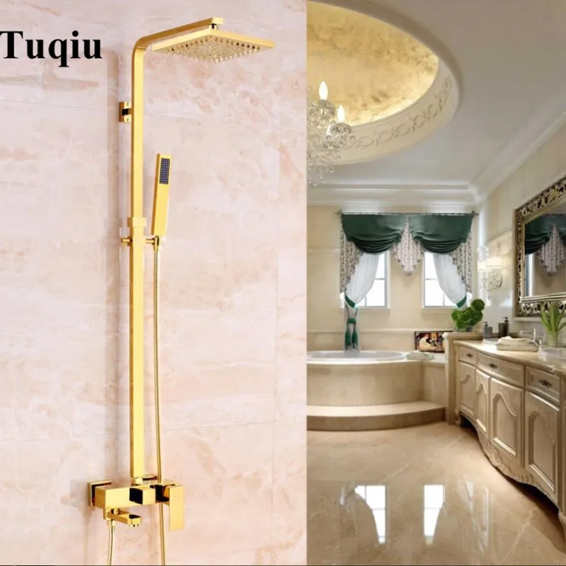 Смесители для ванной роскошное золото всего латунь смеситель для ванной комнаты квадратный 8 дюймов ручной душевой набор наборы кранов для