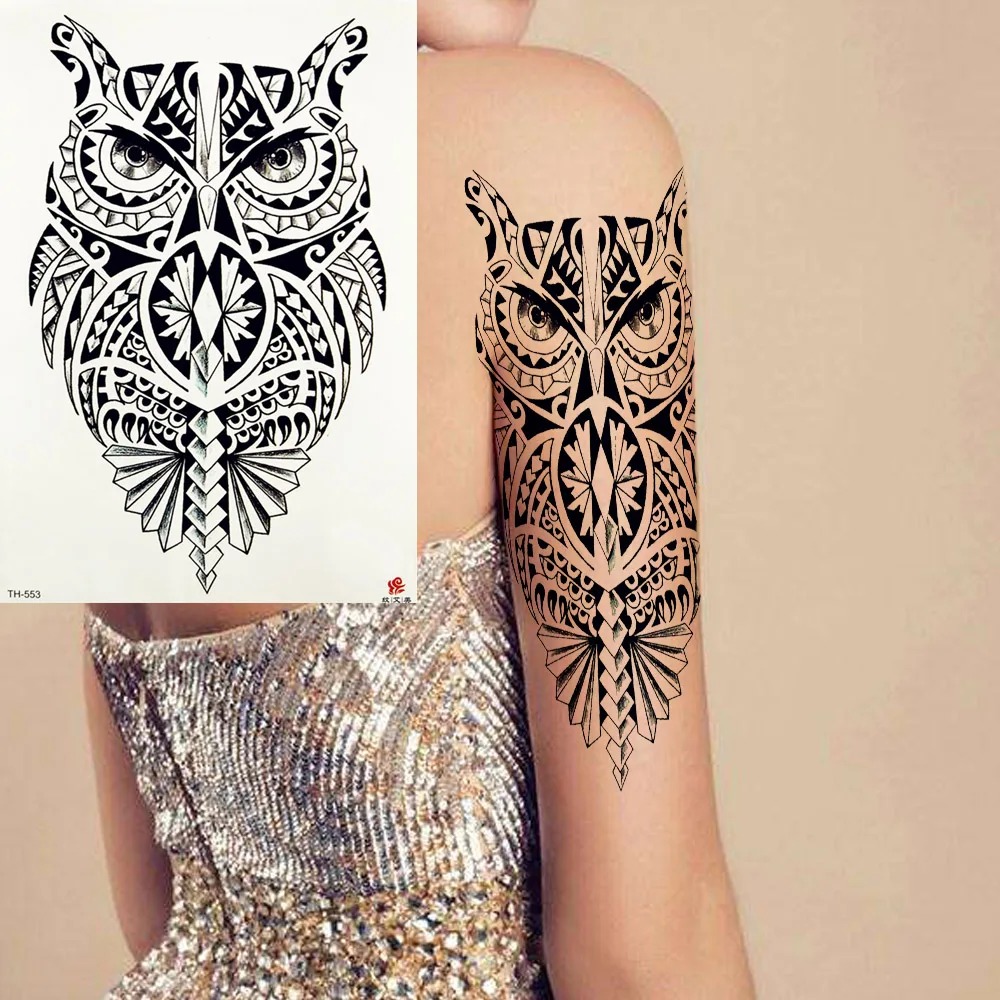 

Women Black Henna Owl Tattoos Temporary Body Arm Painting Tattoos Stickers Fake Totem Vivid Tatoo Water Transfer Party Makeup