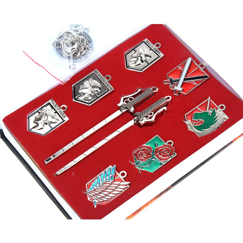 

Hot Anime Attack on Titan 7 Badges & 1 Pair of Mini Swords Pendant Keychain Toy Gift Cosplay Prop