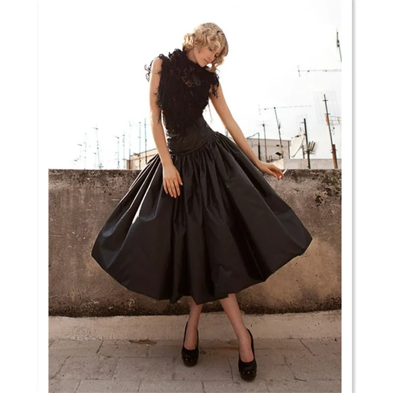 Осень-лето Винтаж Высокая талия бальное платье женская юбка черный однотонный 6XL 7XL плюс размер юбки-пачки женские юбки с карманами