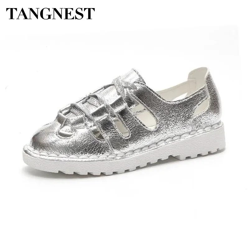 

Tangnest NEW Women Bling Casual Shoes Summer Glitter Cut-outs Flats Shoes Women Lace Up Sandals Black Gold Size 35~40