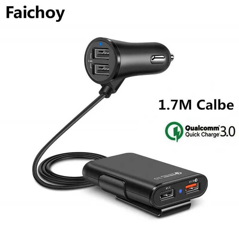 

Quick Charge QC 3.0 Car Charger 2.4A+3.1A 4 Port USB Parts With 5.6ft Extension Cord Cable for Back Seat Charge With Clip iPhone