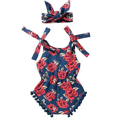 

Infant Baby Girl Floral Rompers Jumpsuit Outfit Headband Clothes Sunsuit