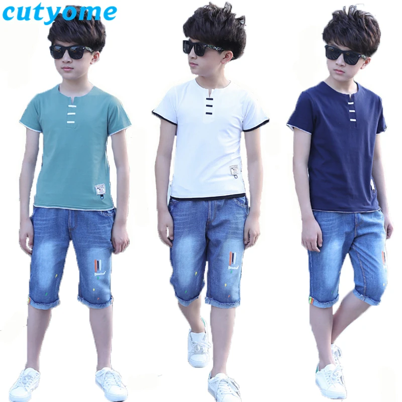 

Toddler Boys Clothes Set Summer Cotton Short Sleeve Top+Elastic Waist Jeans Shorts Child Outfits Teenage Boys Denim Shorts Set 7