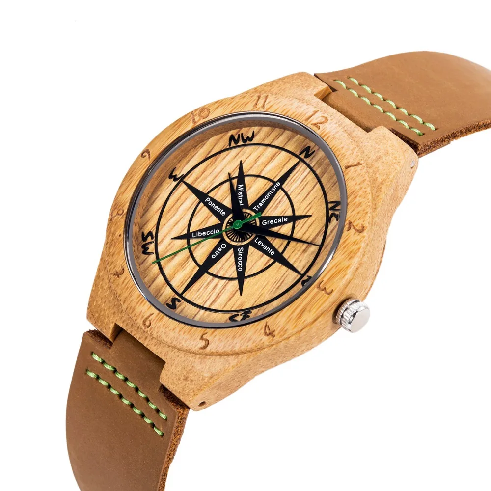 

SUNFASHION Men's Bamboo Wooden Watch with Leather Strap Quartz Analog Wrist Watches with Quality Miyota Movement clock gifts