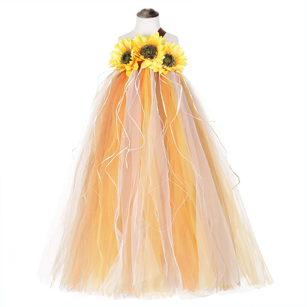 Halloween Scarecrow Costume for Girls Sunflower Dress Ankle Length Pumpkin Thanksgiving Carnival Tutu Dress Ball Gowns Children (1)
