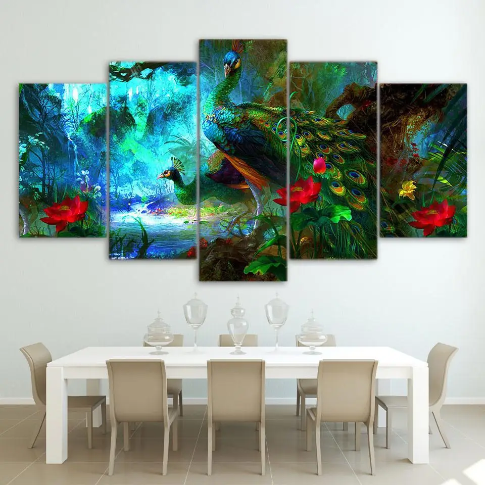 5 Piece Canvas Set Print Painting Flower Red Rose Peacock Wall Art 2018 Hot Sell Painting for Living Room Bedroom Canvas Niche