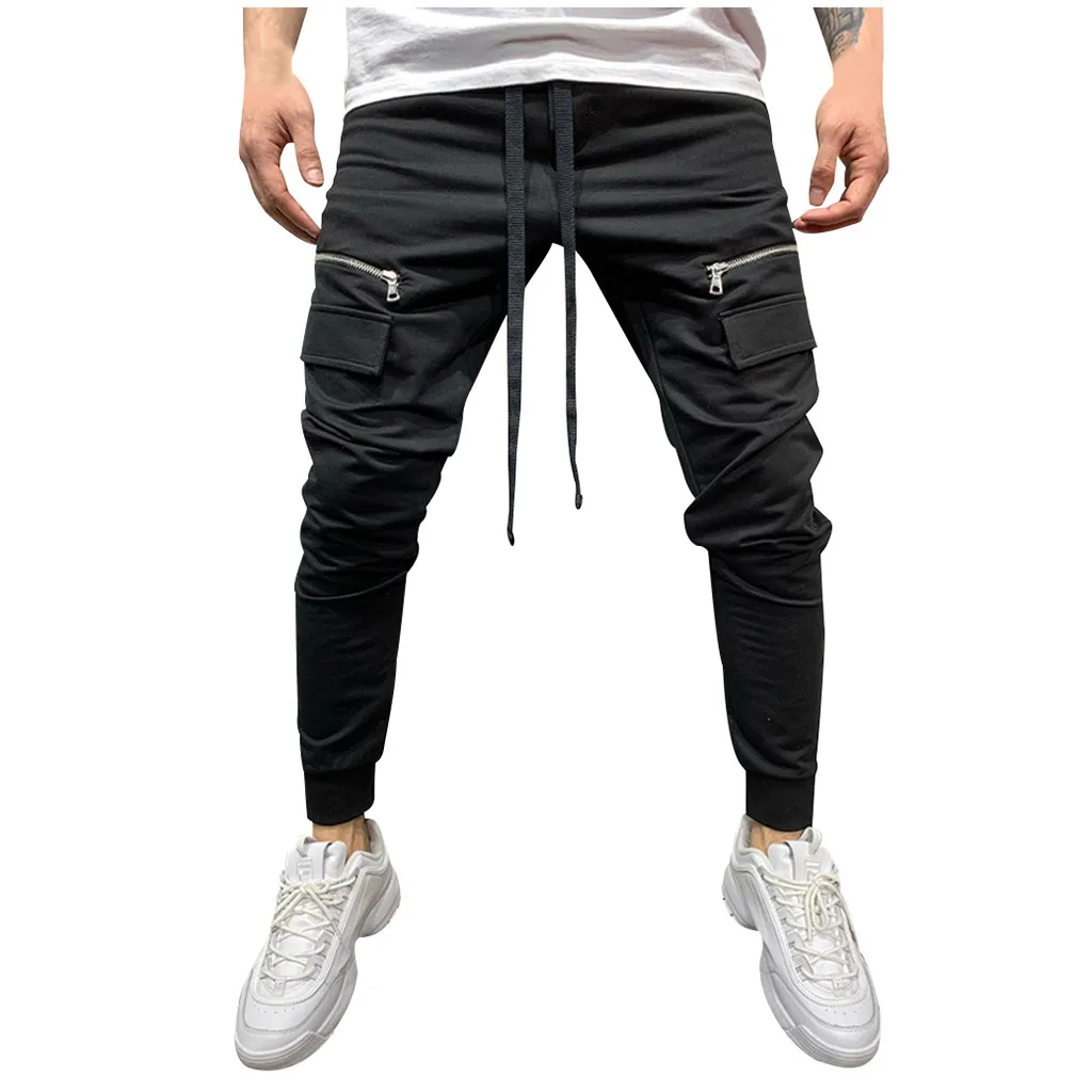 Men Cotton Pant Men Zipper Pure Color Overalls Casual Pocket Sport Work Casual Trouser Pants Men's High Quality Brand Men Pants