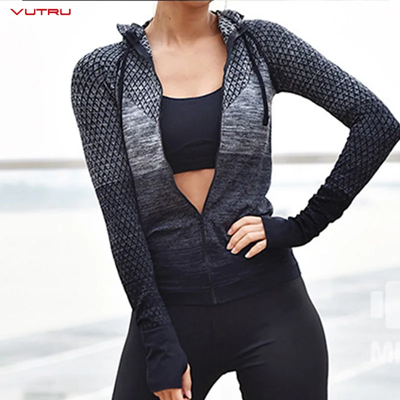 

Front Zipper Long Sleeve Sport Shirts Women Fitness Hooded Yoga Tops Jersey Gym Running Coat Sportswear Workout Jacket T-shirt