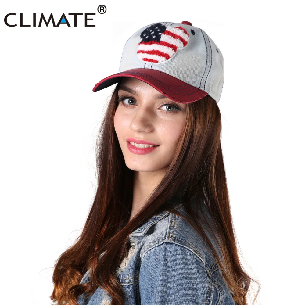CLIMATE Women Mickey Denim Baseball Caps USA Flag Suede Adjustable Faux