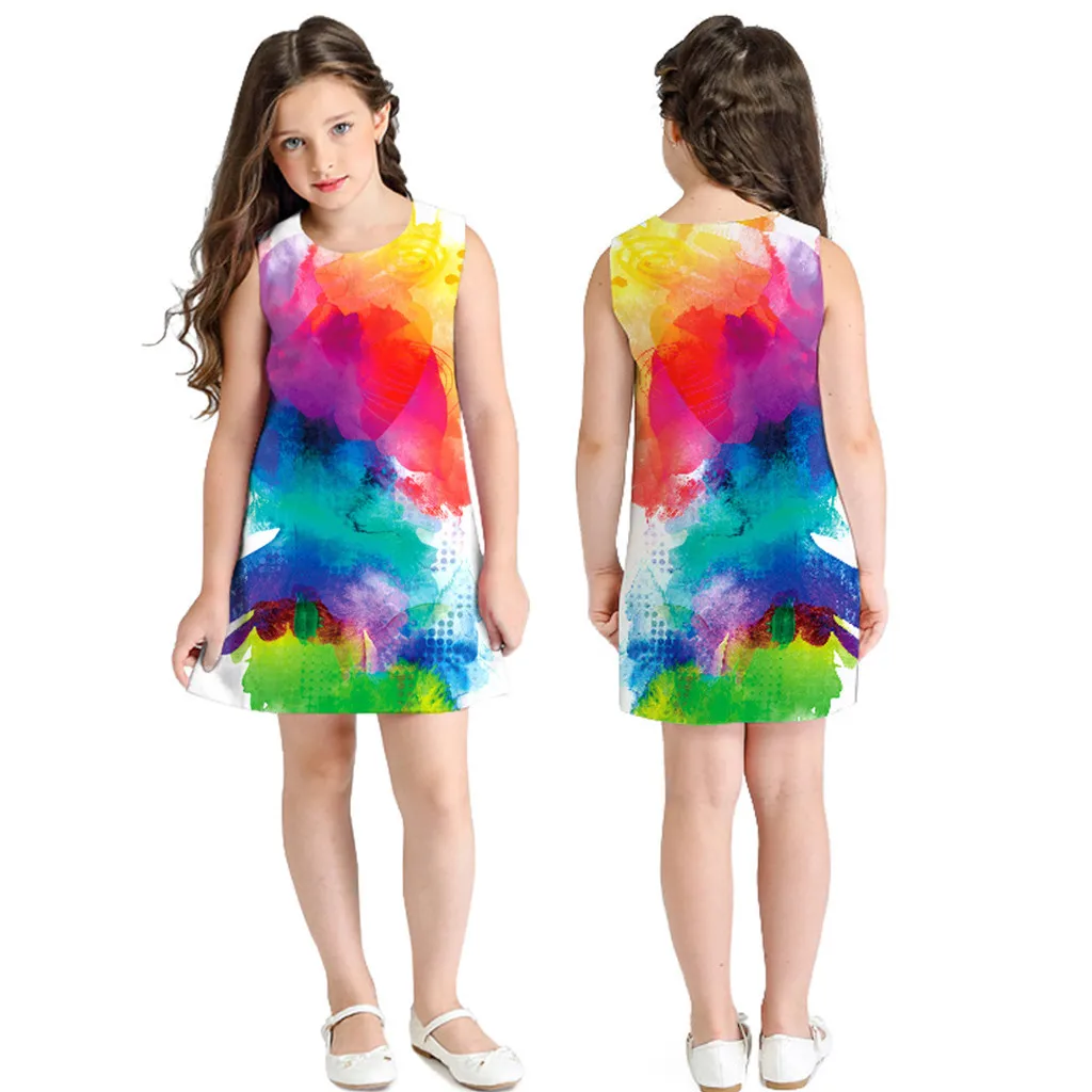Платья для девочек г. Летние вечерние мини-платья для девочек с милым рисунком кота повседневный костюм принцессы для девочек без рукавов Одежда для детей от 10 до 12 лет