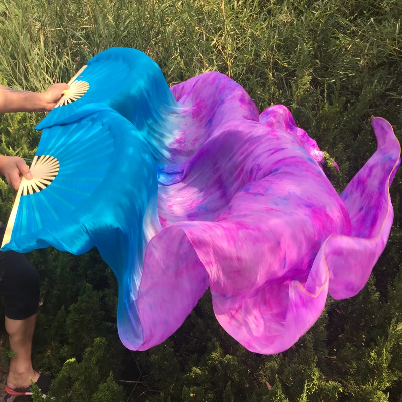 

high quality Belly Dance 100% Silk Fan Veils tie-dye colorful Professional dancing Silk Veil Fans 1.5M,1.8M,.2.1M available
