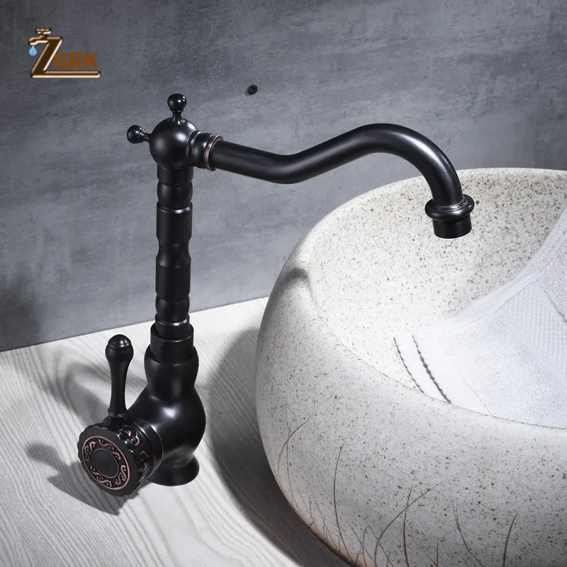 ZGRK смеситель для раковины Черный латунный ретро кран для раковины ванной комнаты с одной ручкой Высокий арочный поворотный носик кухонный смеситель