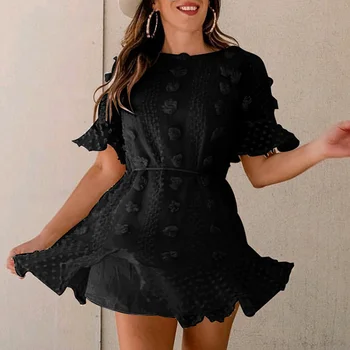 

Women O-Neck Short Flare Sleeve Strappy Ruffles Mini Dress for Summer FS99