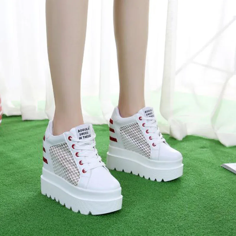 Женские кроссовки на танкетке; спортивная обувь, увеличивающая рост; женская обувь на высокой платформе 12 см; белая дышащая прогулочная обувь; обувь для путешествий - Цвет: G85-1 White Red
