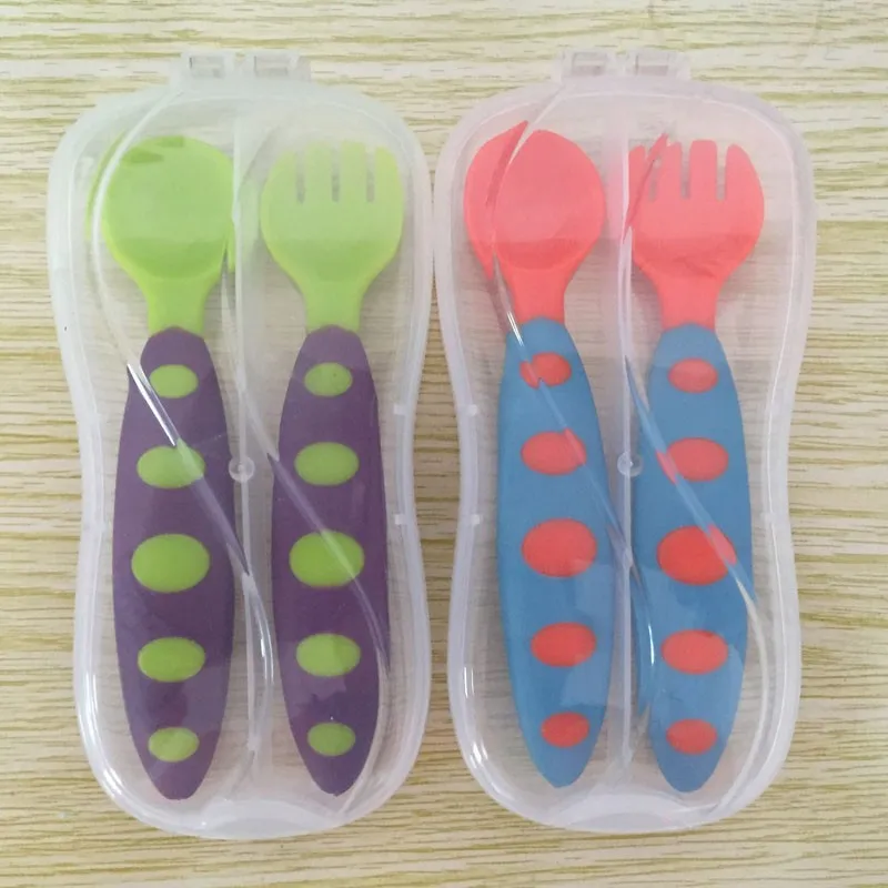 Новая красочная ложка для малышей ложка для кормления ребенка вилка ручка из термопластического эластомера посуда 2 цвета с коробкой