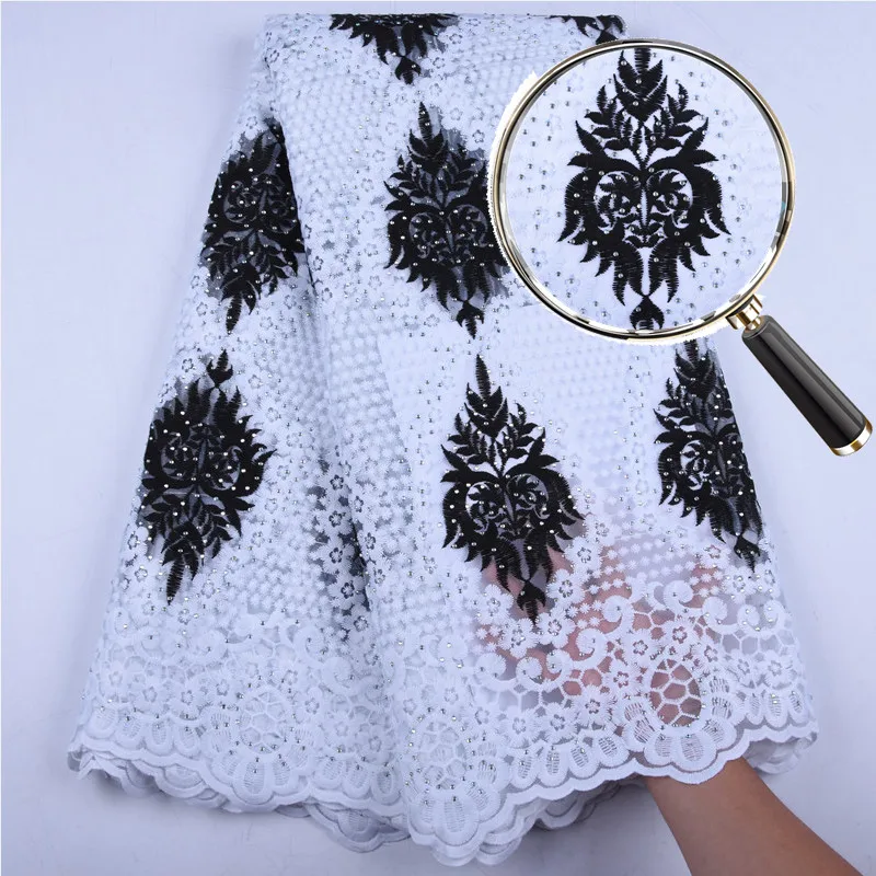 

2019 Latest African Embroidery Tulle Lace Fabrics High Quality Stones French Milk Silk Lace Fabric For Party Dress 5 Yard A1556