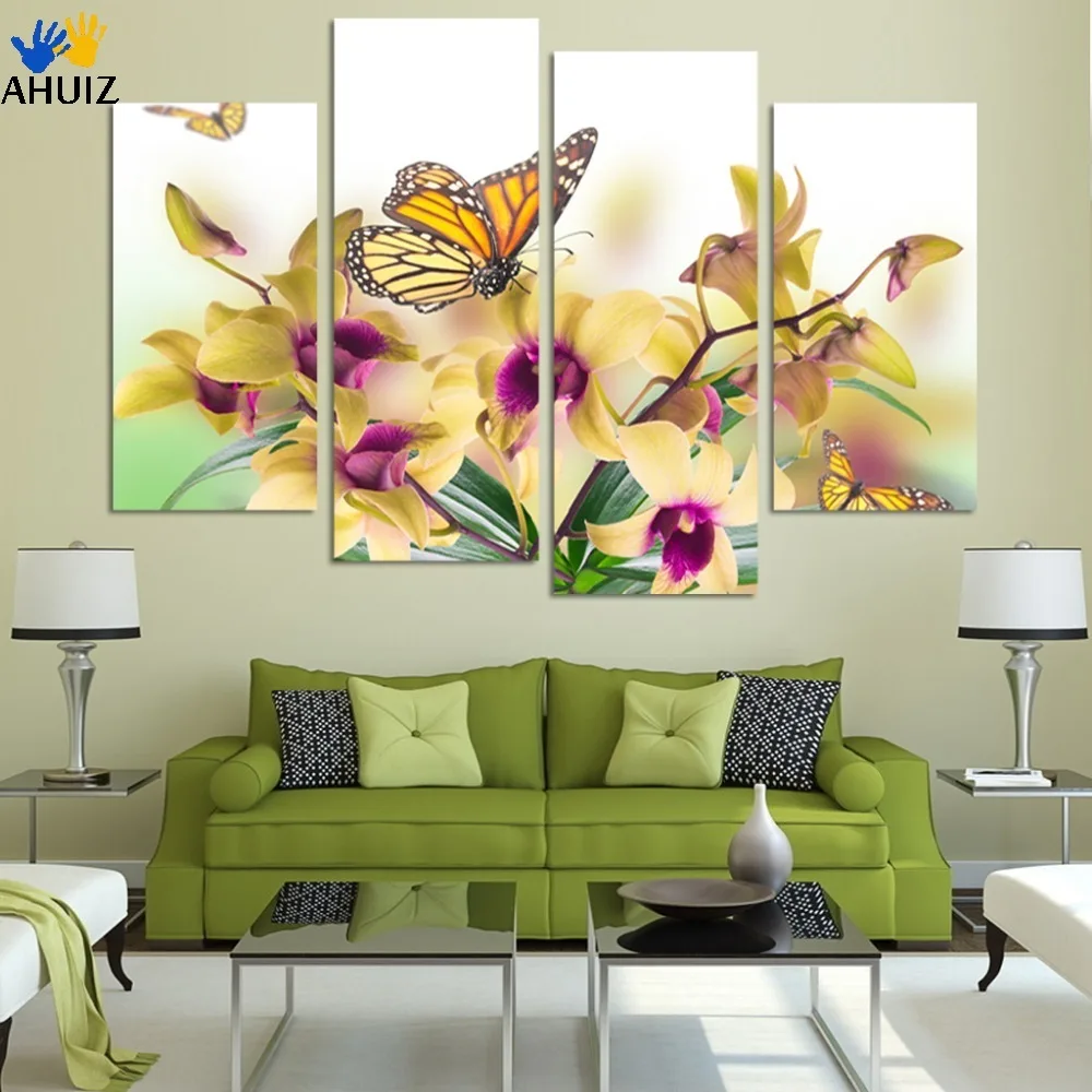 

Hand Painted Yellow Butterfly Orchid Flowers Decorative Canvas Painting 4 Piece Modern Wall Art Large Picture Home Set H126