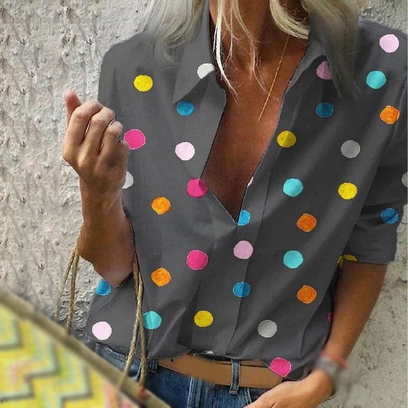 

Women Ladies Office Summer Tops Turn down collar Casual Fashion Blouse Long sleeve Formal Holiday V-neck Shirts